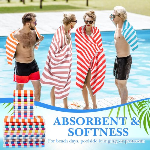 Xinnun 24 Pack Microfiber Beach Towels Bulk 28 × 55 Inch Striped Bath Towel and 14 × 30 Inch Hand Towel Set Quick Dry Pool Towels Swim Blanket for Shower Beach Pool Sports Gym Bathroom Camping Travel