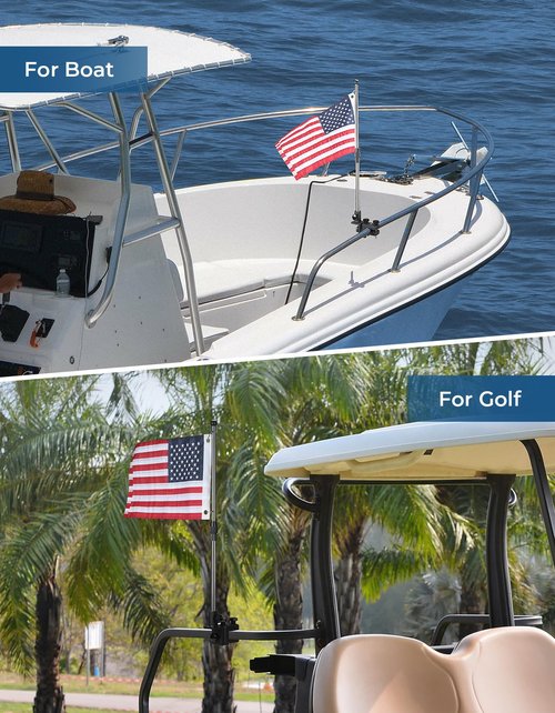 KEMIMOTO Boat American Flag Pole Kit, 360° Adjustable 12''x18'' Pontoon Boat Flag, for 0.8''-1.35'' Round/Square Rails, 2.5ft Pole for Boat & Golf Cart, Pontoon Boat Accessories (Flag Included)