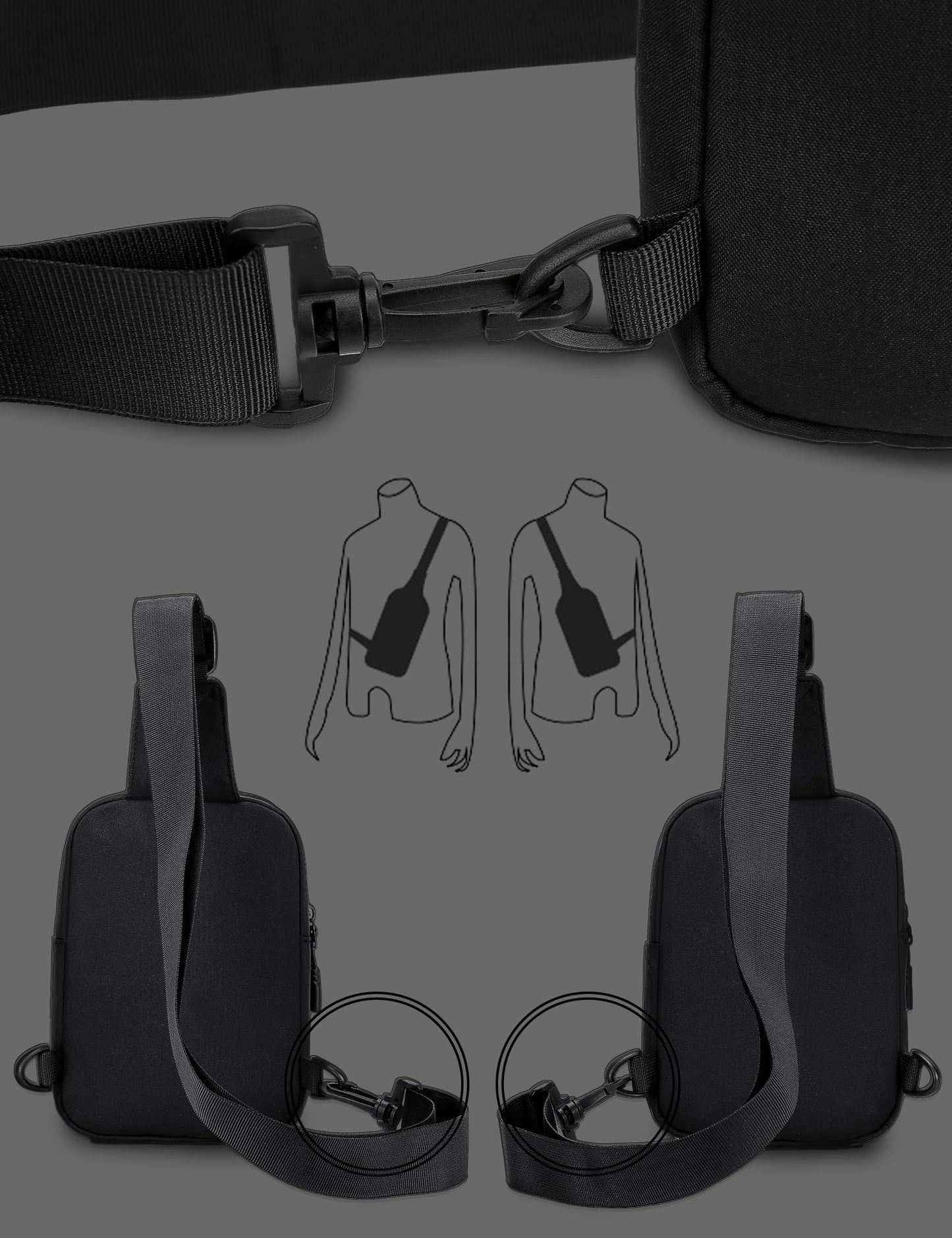 Peicees Mens Mini Sling Bag Chest Shoulder Bag Women Crossbody Phone Holder with Reversible Strap and Dual Pocket, Grey