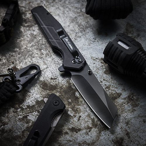 FLISSA Pocket Knife, 3.5" Folding Stonewash Blade Tactical Knife, G10 Handle, for Outdoor, Survival, Hunting and Camping, Great Gifts for Dad