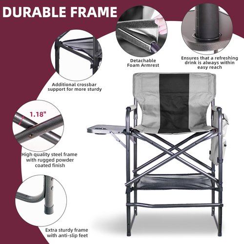 Foristrail 30" Tall Directors Chair with Side Table, 400LBS Bar Height Folding Camping Chair for Makeup Artists, Outdoor Events, Portable Foldable Chair with Cup Holder & footrest - Gray/Black