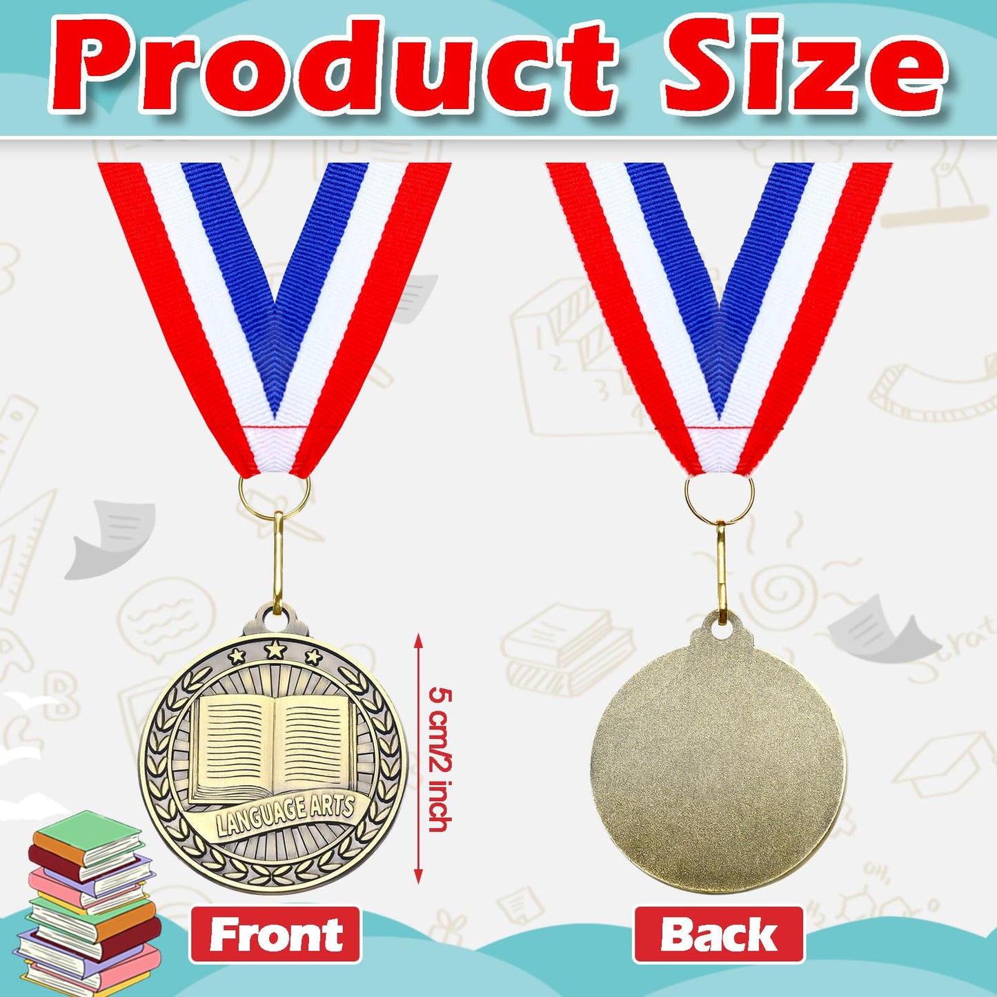 Quelay 30 Pcs 2'' Award Medals Bulk Gold Winner Medals with Neck Ribbons Metal Trophy Award Prize Gift for Tournaments, Competitions, Party, Kids and Adults(Language Arts)