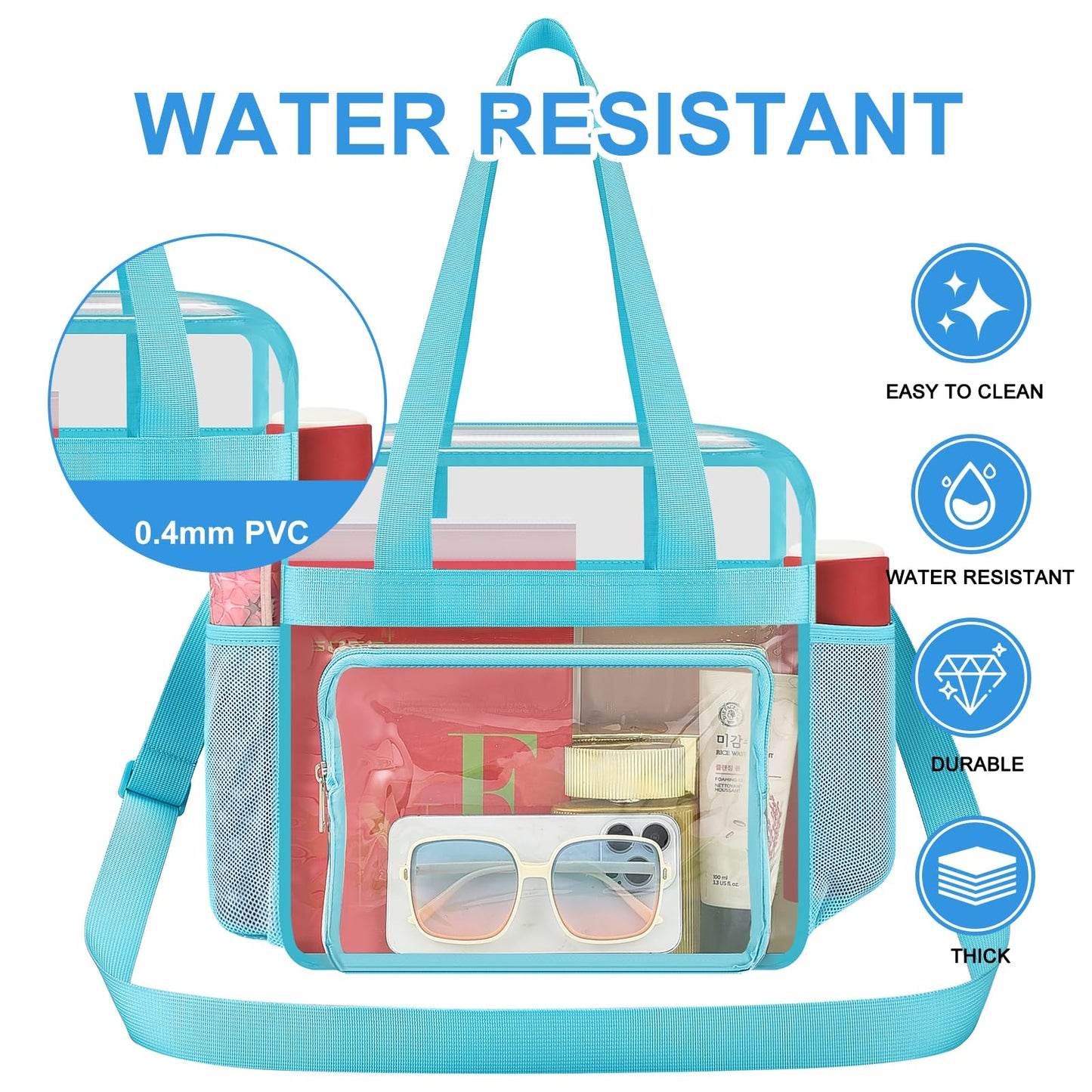Busiuw Clear Bag for Stadium Events, Stadium Approved 12x12x6 Clear Tote Bag with Reinforced Straps for Sport Fan, Work Concert Travel(Aqua)