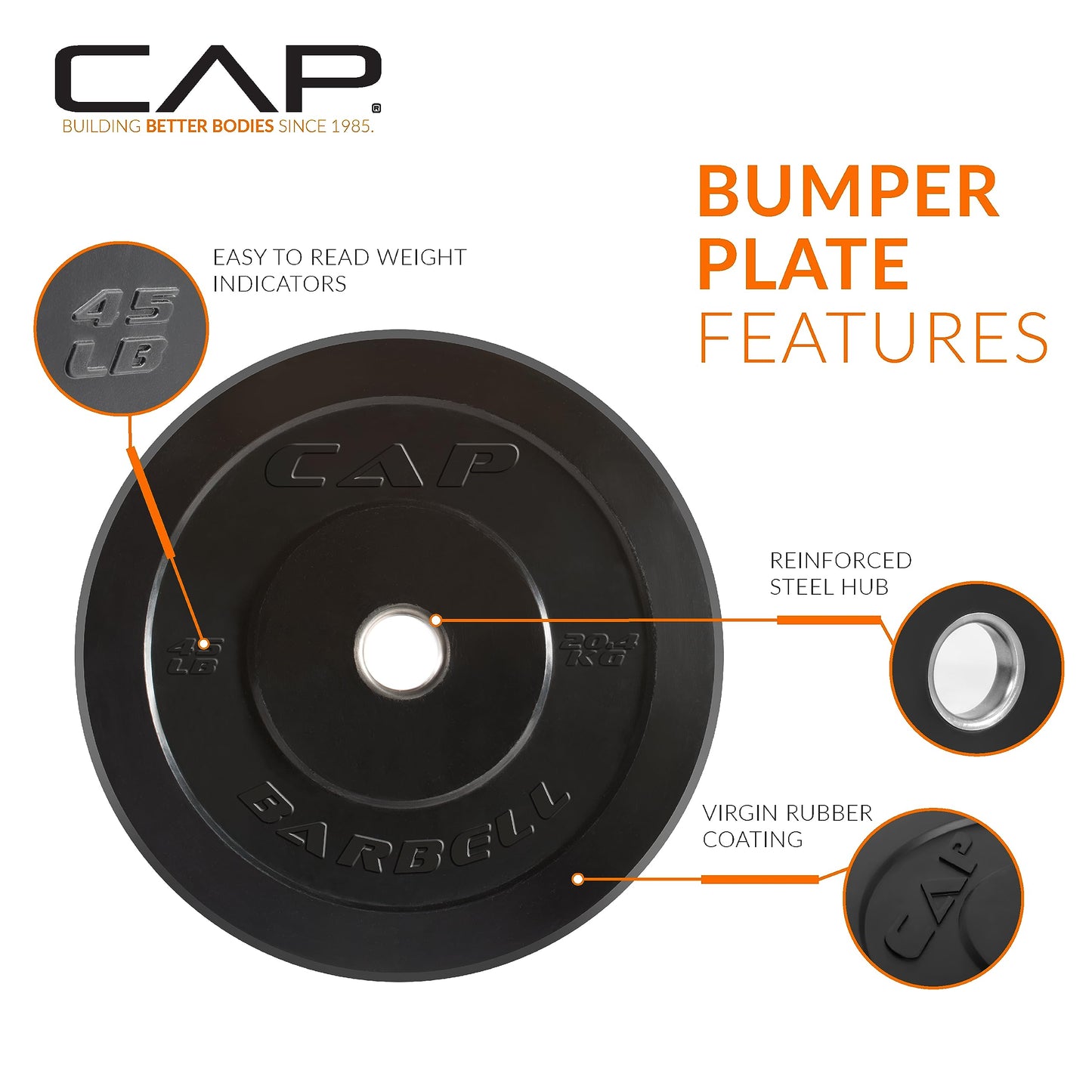 CAP Elite 45 lb Single Olympic Bumper Plate, Medium Bounce Virgin Rubber Weight Plate with Stainless Steel Anchored Hub, 2-Inch Olympic Barbell Compatible for Strength Training, Weightlifting & Home Gym Workouts.