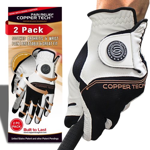 Copper Tech Golf Gloves Men Right Handed Golfer & Left Handed Golfer (2 Pack) | Copper Compression Joint Support | Flexible & Comfortable Fit with Premium Leather | Tacky Reinforced Palm Pad with Grip
