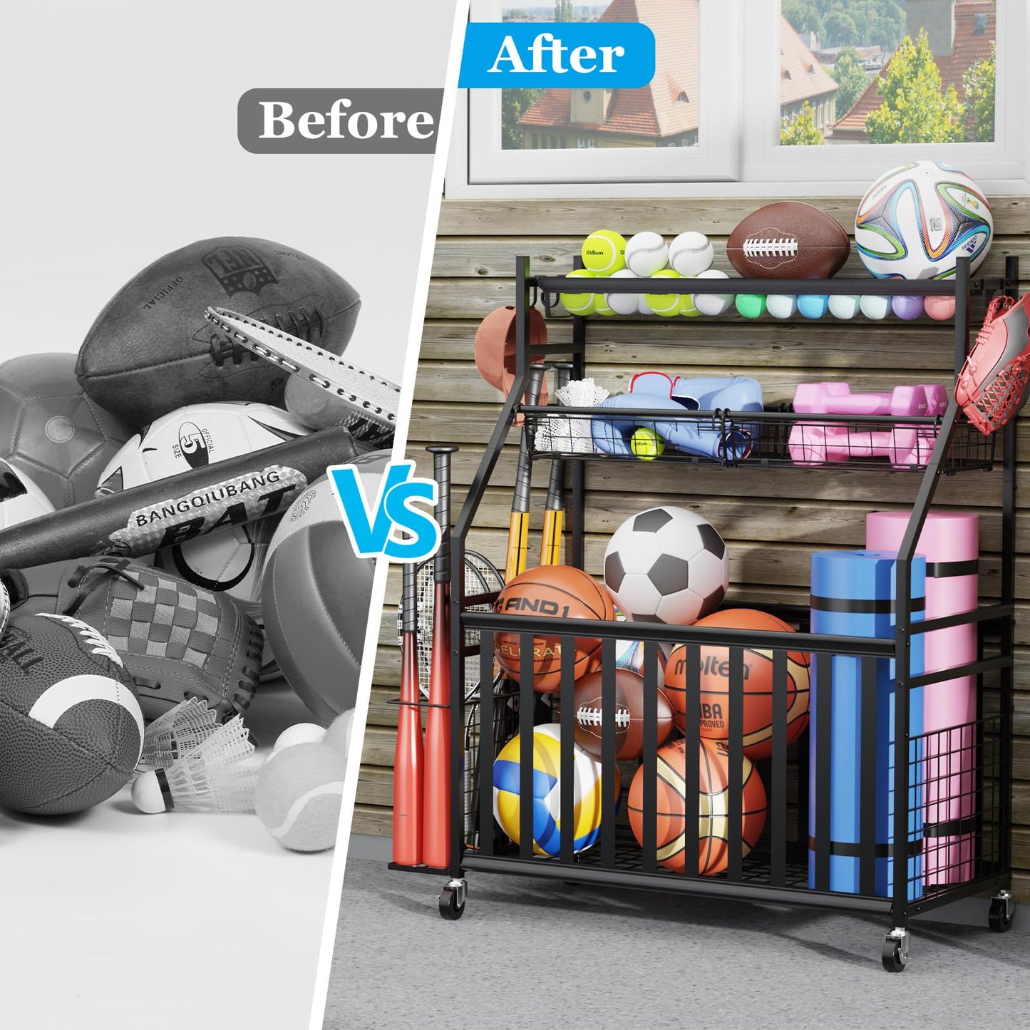 Jsskeeim Garage Sports Equipment Organizer,Sports Ball Organizer with Wheels,Mesh Pocket, Basket,Ball Organizer with Baseball Bat Rack and HooksToy Storage Rolling Cart-Black