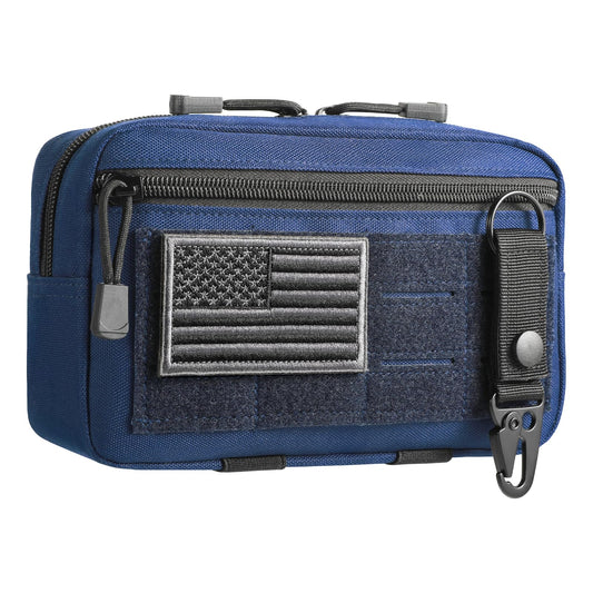 FRTKK Tactical Molle Admin Pouch Utility Laser Cut EDC Tool Pouch Bag Horizontal Modular Pouches Include US Flag Patch and Keychain (Blue)