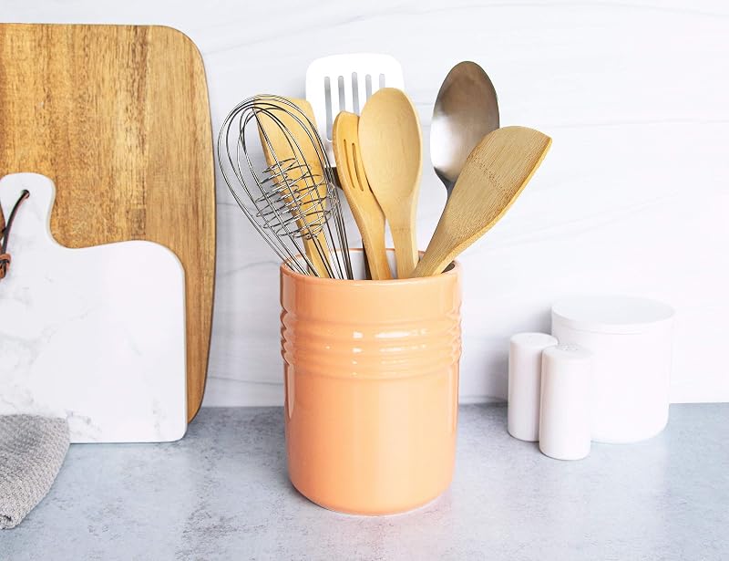 KooK Ceramic Utensil Holder - 5.3” Countertop Crock, Coral (Variation: Coral), Dishwasher Safe