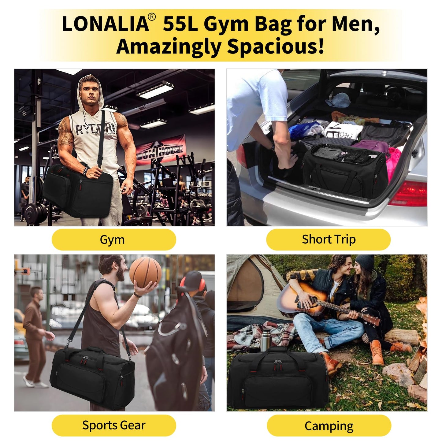 LONALIA 55L Sports Gym Duffle Bag for Men, Black