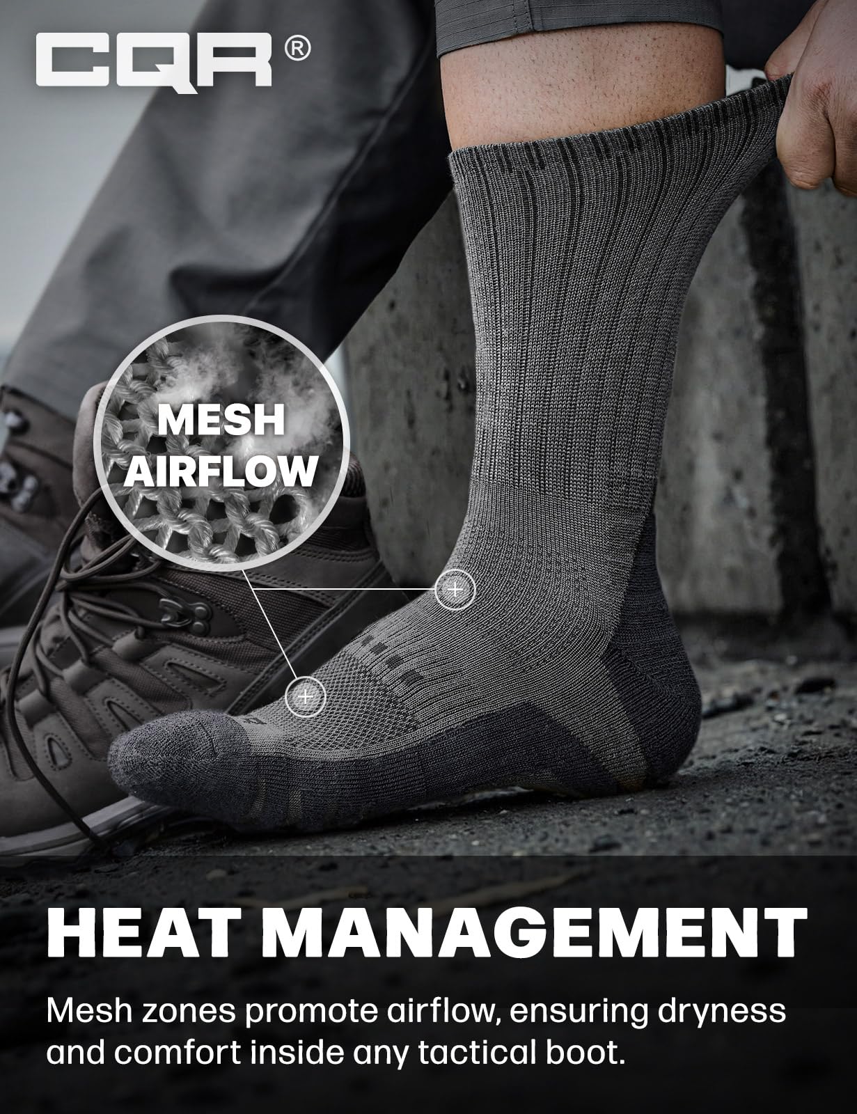 CQR 3 Pack Men and Women Wool Hiking Mid Calf Crew Socks, Moisture Wicking Breathable Outdoor Tactical Cushion boot Socks, Rex Tac 8.5in Light Grey, Medium