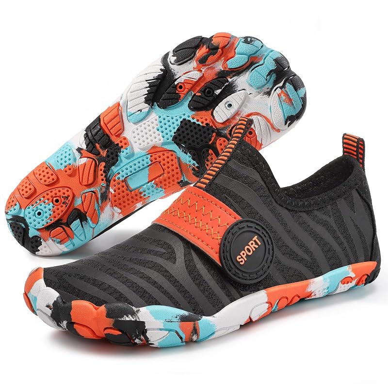 Kids Water Shoes - Quick-Dry Barefoot Style for Boys & Girls, 4-12 Years, Black-Orange Ripple (Big Kid)