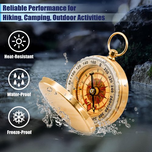 Rovella One Pack Camping Survival Compass, Metal Brass Pocket Compass with Keychain, Glow in The Dark Survival Gear for Hiking Camping Hunting Navigation