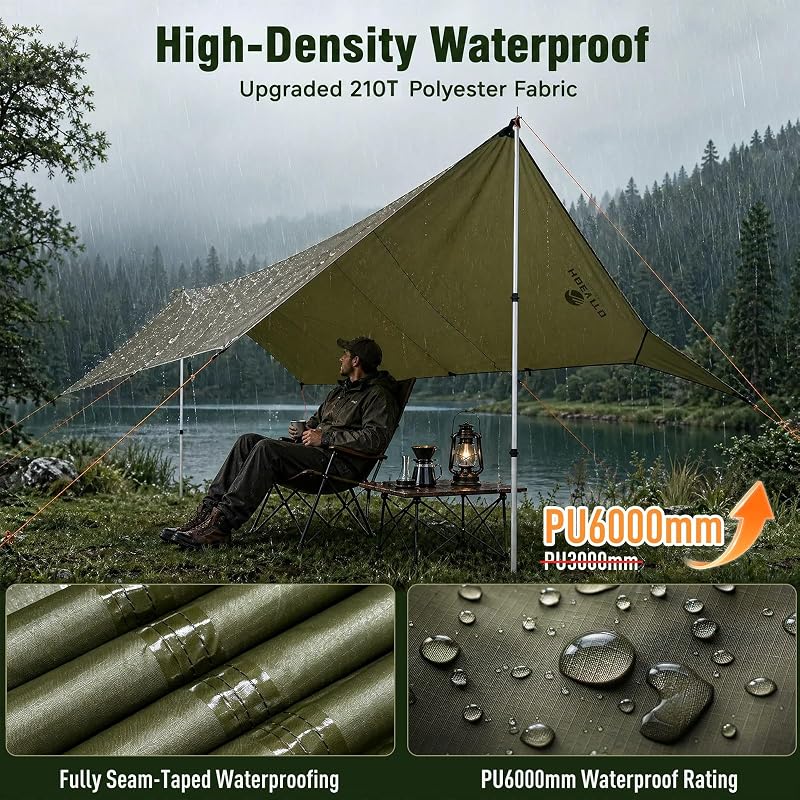 17x10 ft Large Waterproof Camping Tarp with PU6000mm Rain Fly - UPF100+ Sun Protection, Lightweight Canopy for Outdoor Camping (Army Green)