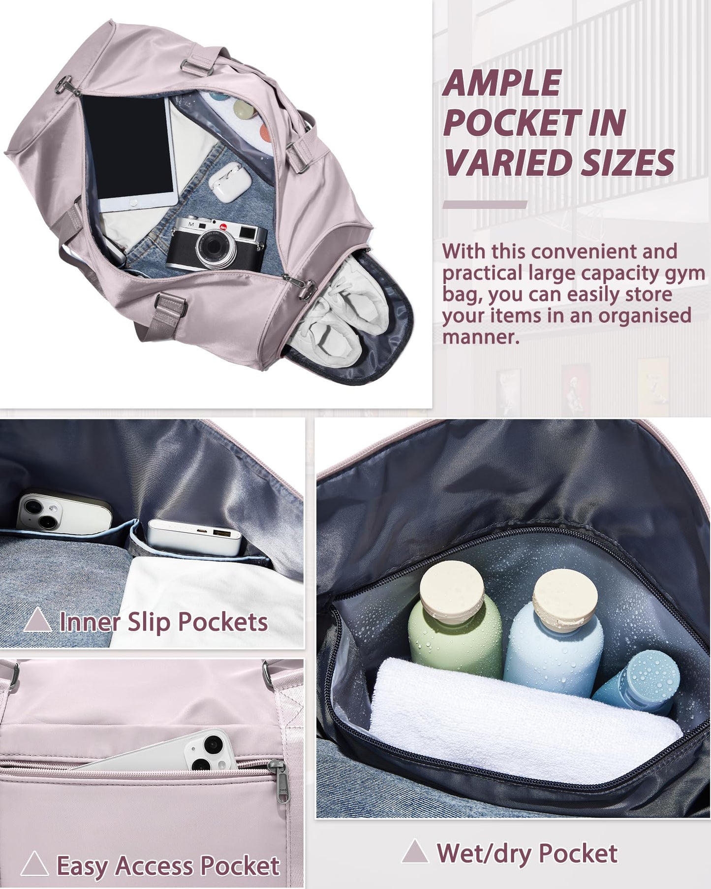 Travel Duffle Bag,Weekender Overnight Bags for Women with Shoes Compartment,Tote Gym Bag Personal Item Carry On Bag for Travel Business Trips Sport Hospital Dance Pink