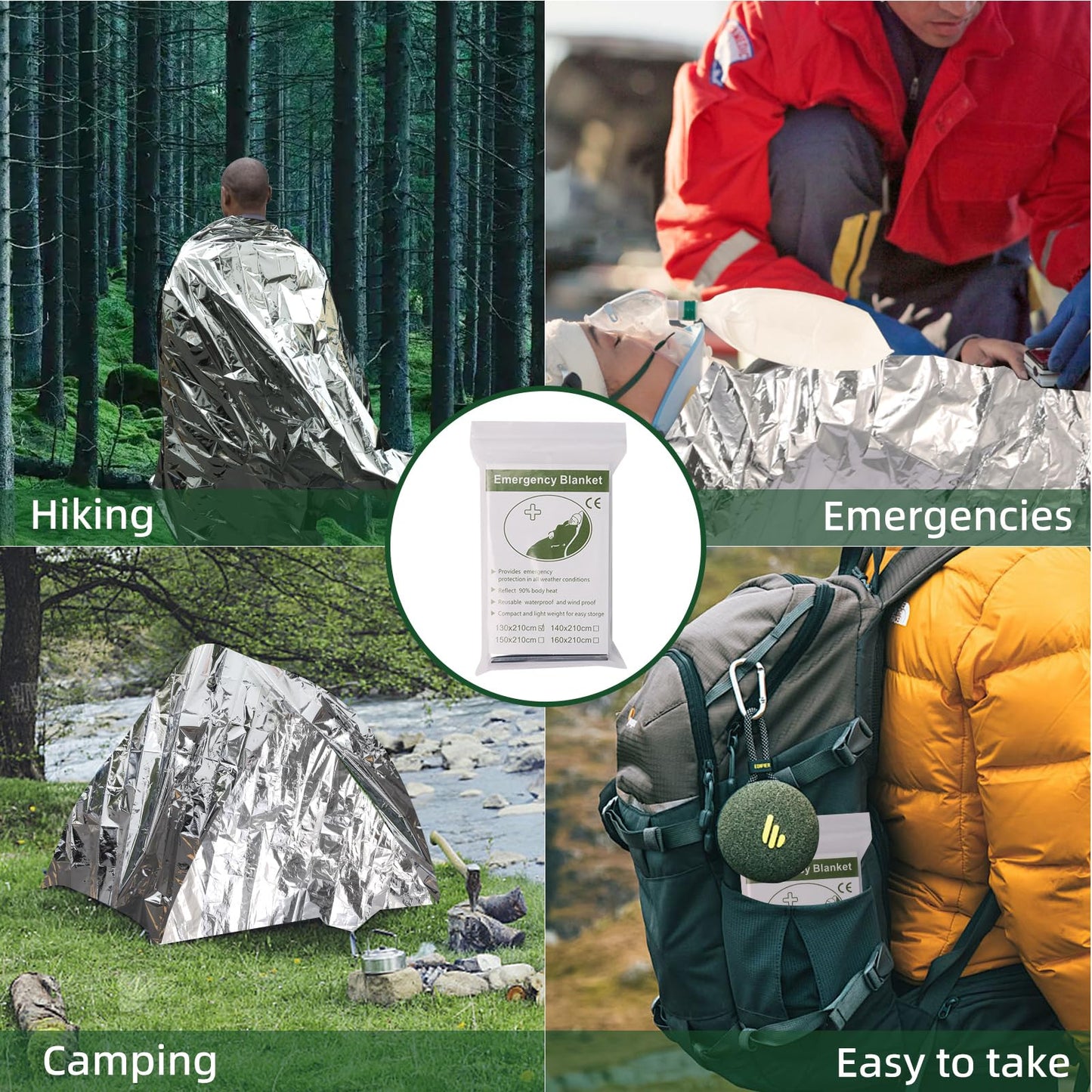 4 Pack Emergency Blanket, Premium Mylar Bankets, Thermal Blanket for Camping, Space Blankets Survival, Foil Blankets for Warmth, Heat Reflective Blanket for Outdoors, Hiking, Marathons, First Aid