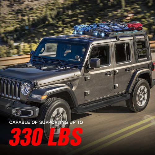 SUORTO Roof Rack Cargo Basket Compatible with 2018-2025 Jeep Wrangler JL JLU Unlimited 4 Doors Hardtop with Ladder & 4 LED Lights, Rooftop Rack Carrier Luggage Storage Holder