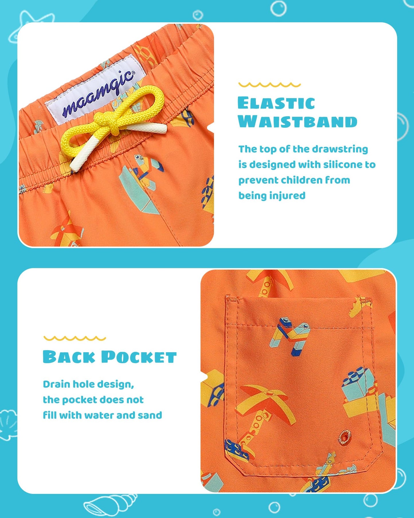 maamgic Boys Swim Trunks with Compression Liner Toddler Stretch Swim Shorts Quick Dry Swimming Trunks Boxer Brief 2 in 1 Beach Shorts Orange Blocks 5/6