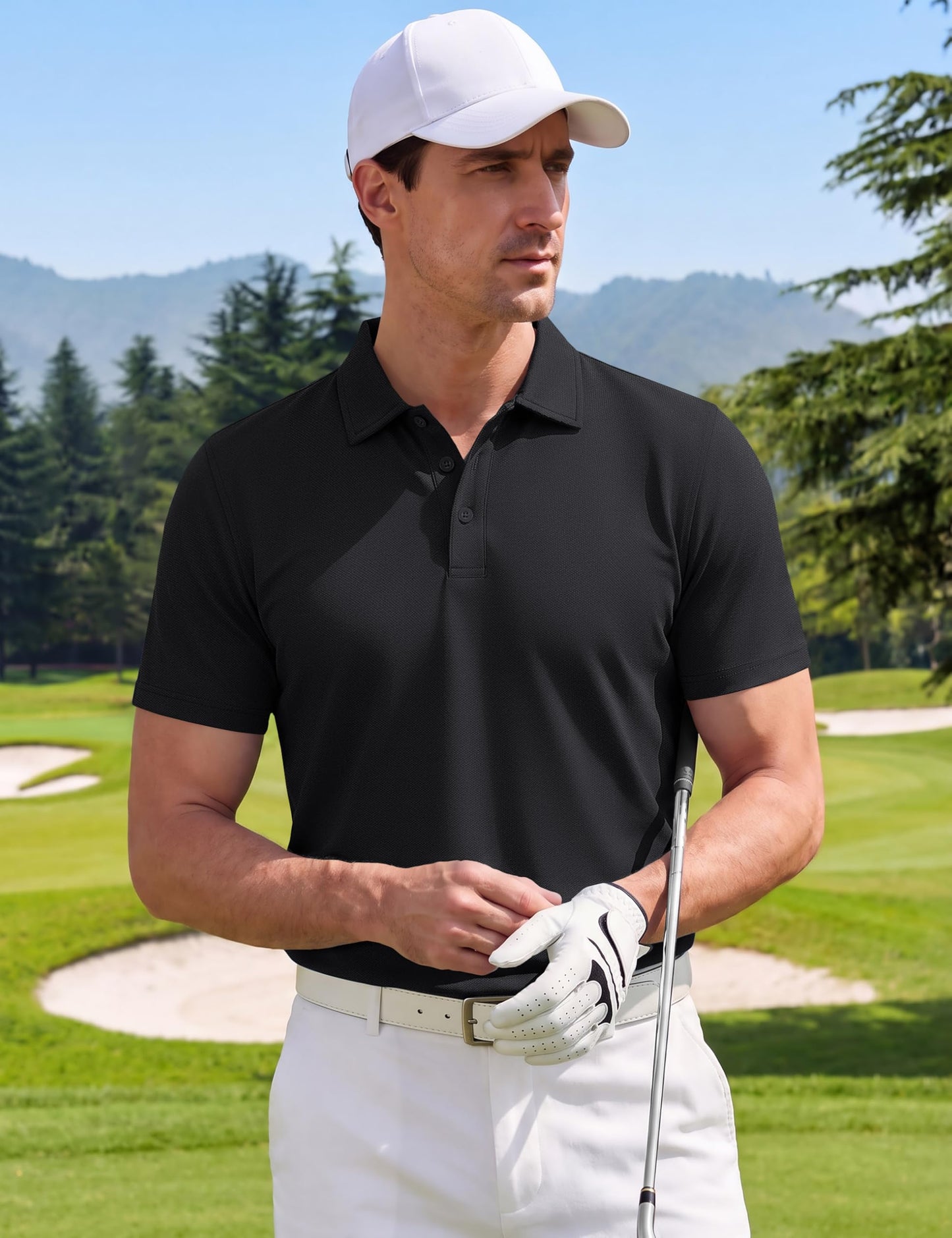 MAGNIVIT Cotton Polo Shirts for Men Short Sleeve Classic Fit Golf Shirt 3 Button Pique Collared T-Shirt Business Casual Black L
