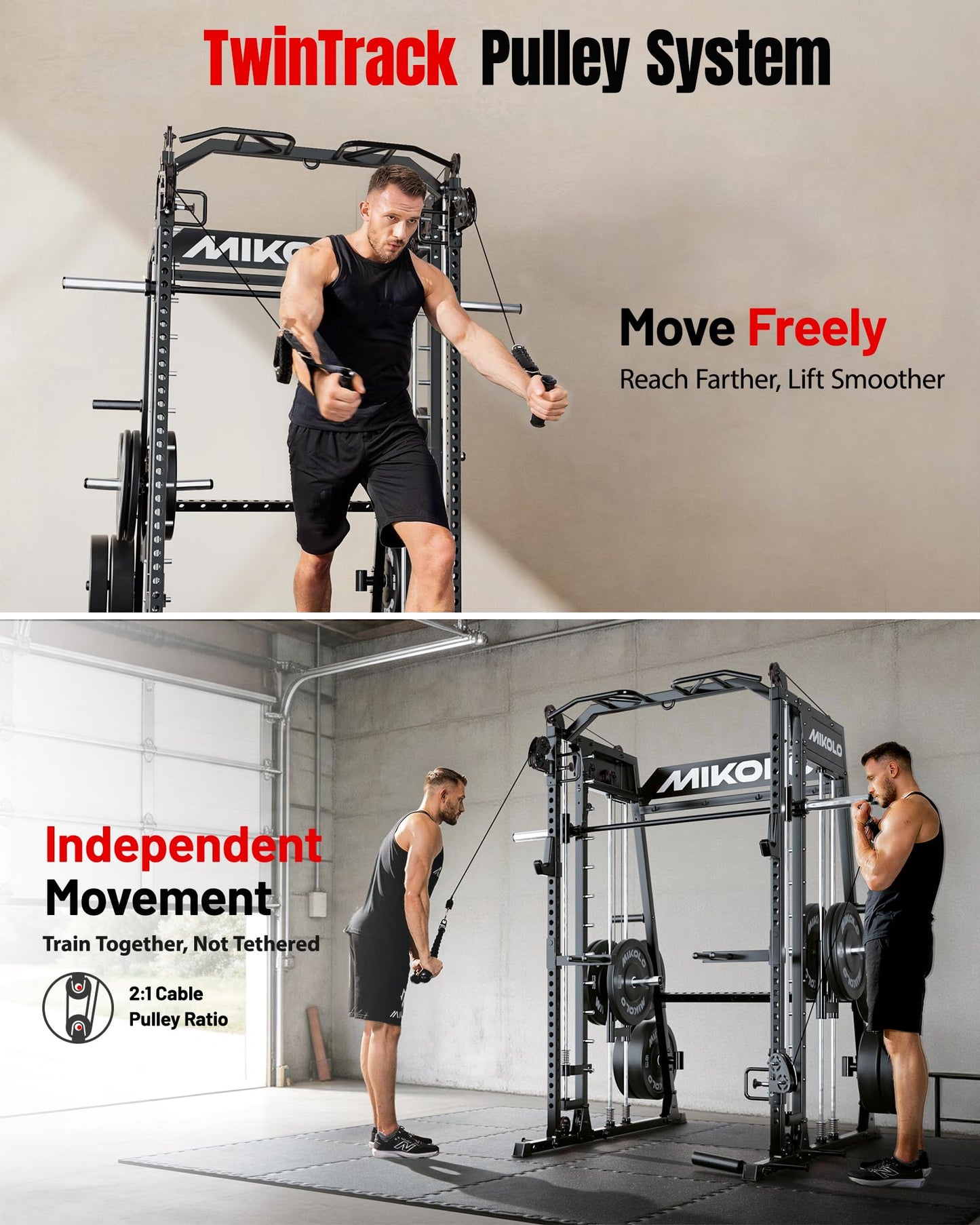 Mikolo Smith Machine, 2200lbs Squat Rack with LAT-Pull Down System & Cable Crossover Machine, Multi-Function Power Cage