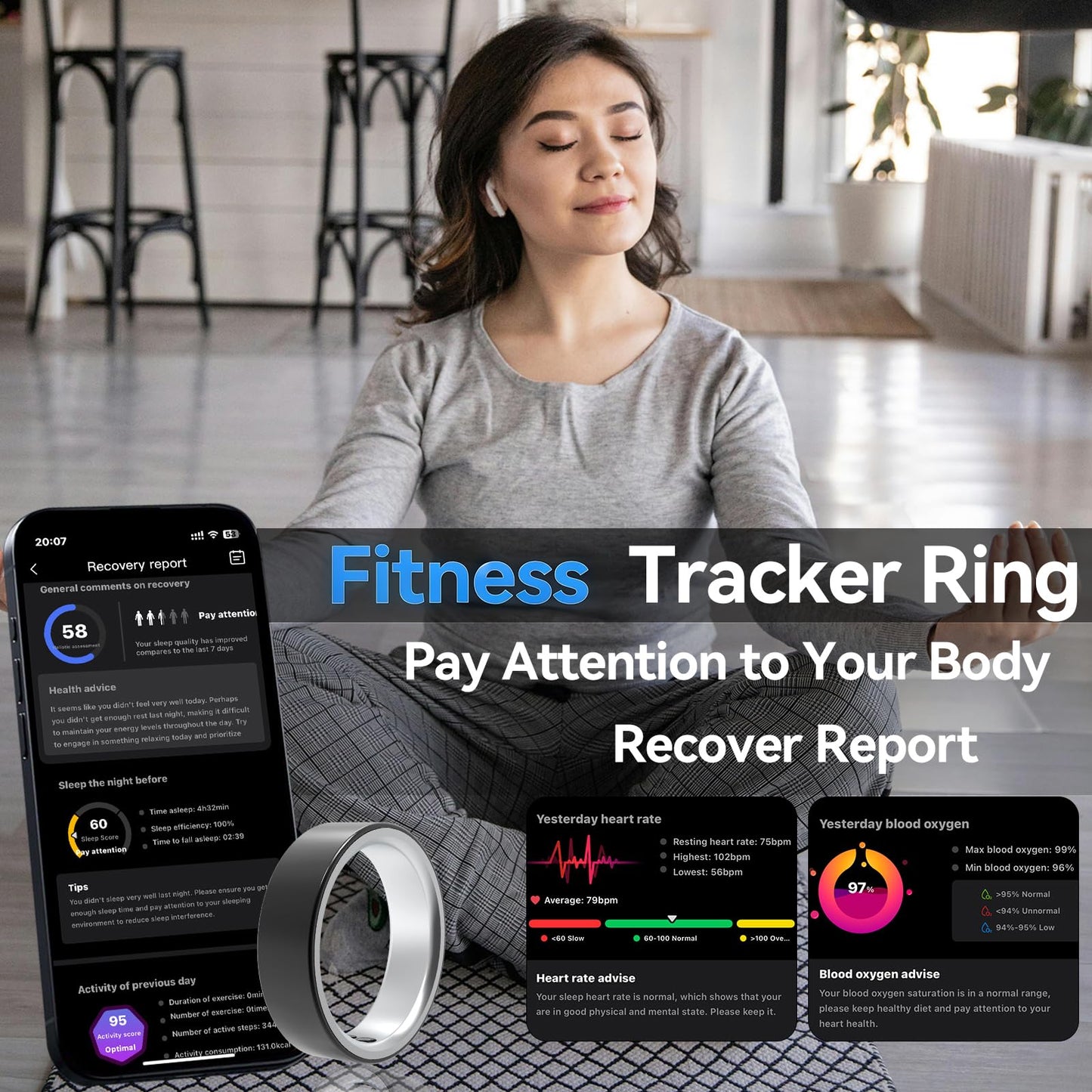 Smart Ring for Women Men,Sleep Tracking Wearable,Fitness Tracker Ring with Step/Heart Rate/Blood Oxygen/Distance/Calorie,Clock Vibration,No Subscription Fee,5ATM Waterproof, iOS&Android(Silver 8)
