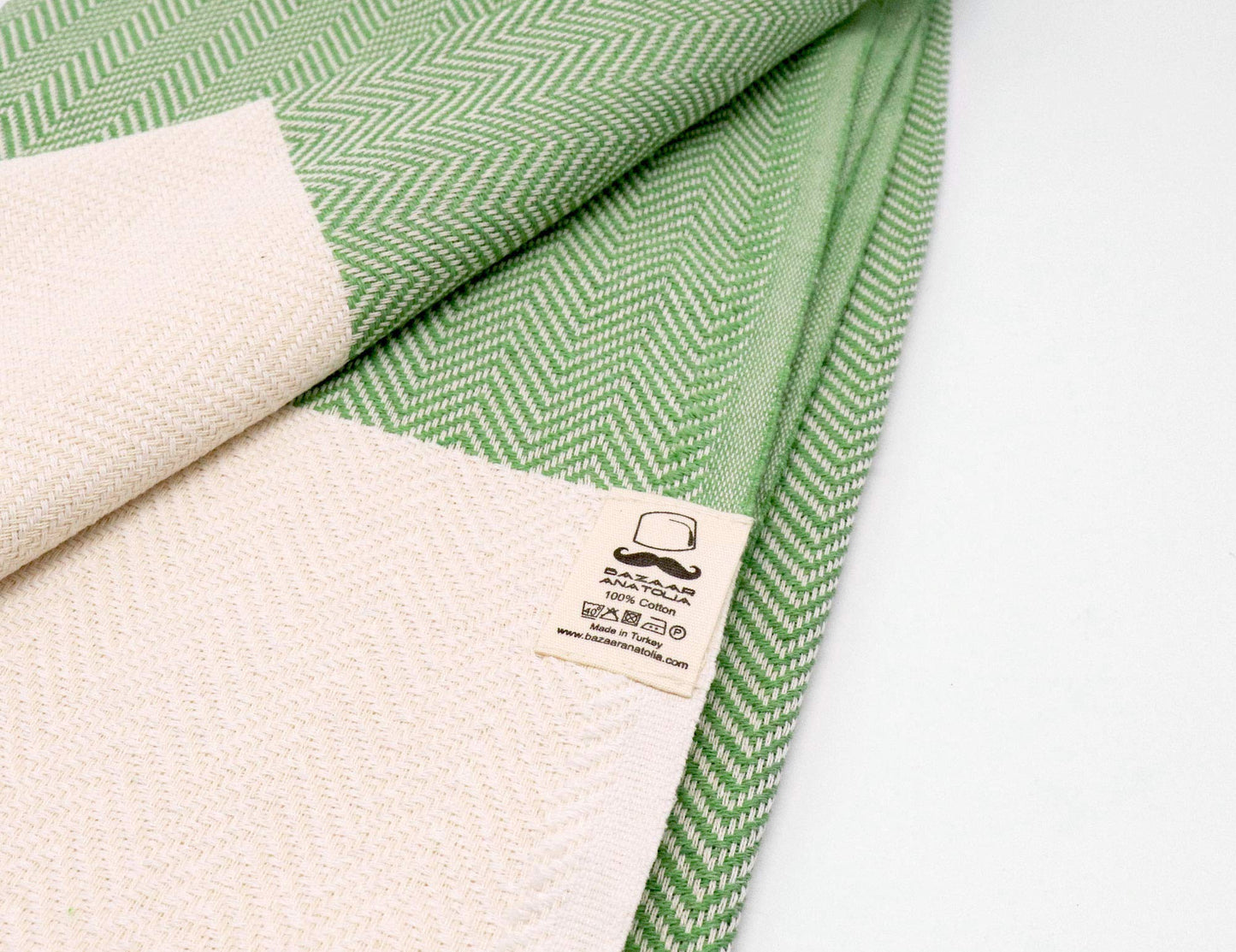 Bazaar Anatolia Turkish Beach Towel 100% Cotton Bath Towels 71x39 Quick Dry Sand Free Lightweight Large Oversized Herringbone Green