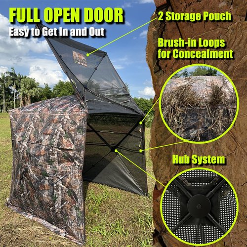 LUCKUNTER 360 Degree See Through Hunting Blind 2-3 Person Ground Camouflage Pop Up Hunting Blind for Turkey Deer Hunting (58X58X67)