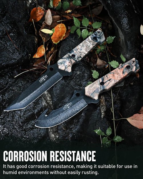 Mossy Oak Fixed Blade Hunting Knife Set - 2 Piece, Full Tang Handle Straight Edge and Gut Hook Blades Game Processing Knife, Sheath Included - Yellow Camo