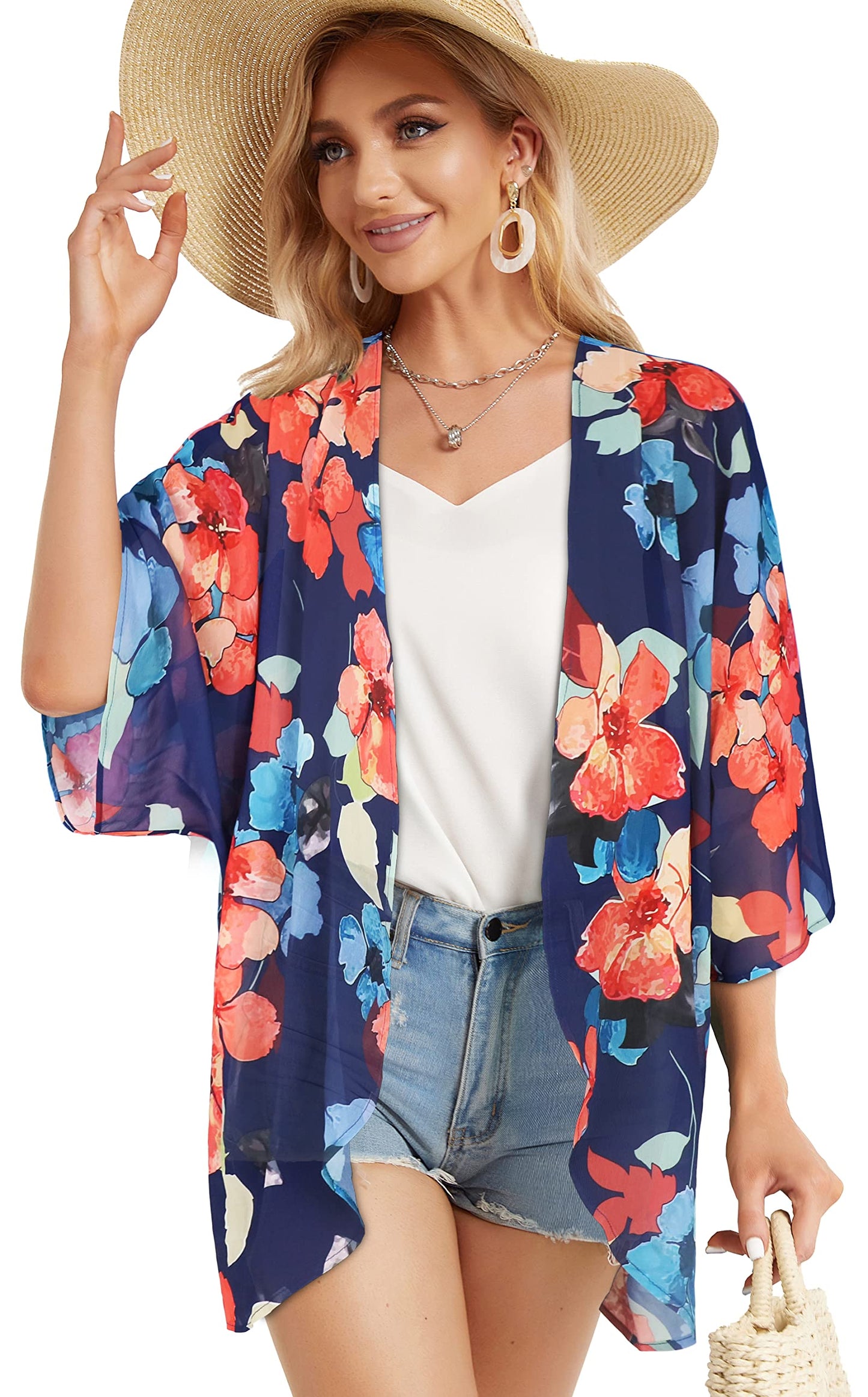 Summer Kimono Cardigan for Women Sheer Light Tops Casual Open Front Swimwear Shirts Beach Cover ups (Oil Blue,3XL)