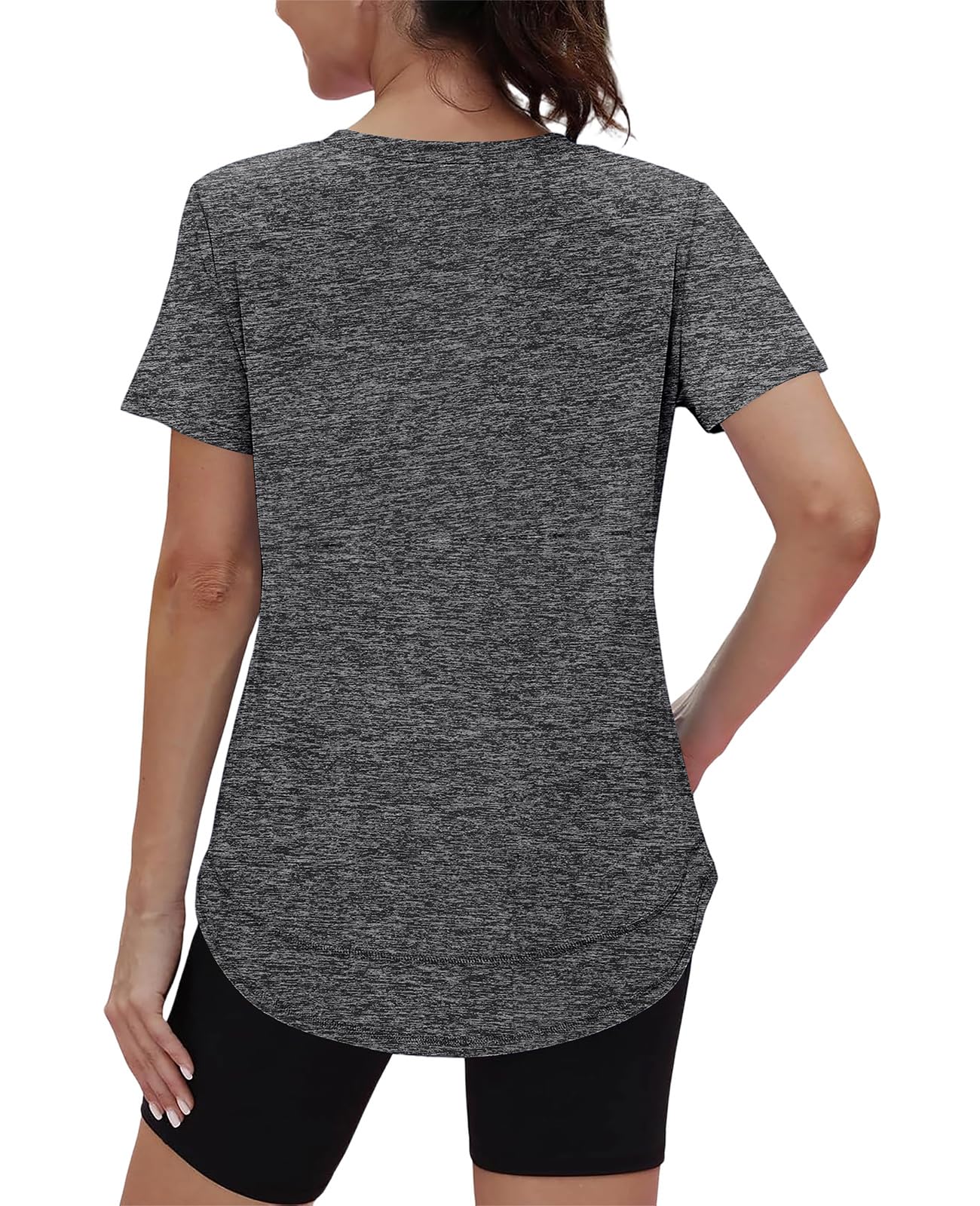 Short Sleeve Shirts for Women Workout Yoga Tops Sun Protection Clothing Summer Outfits Rash Guard Side Slit V Neck Dark Grey XL