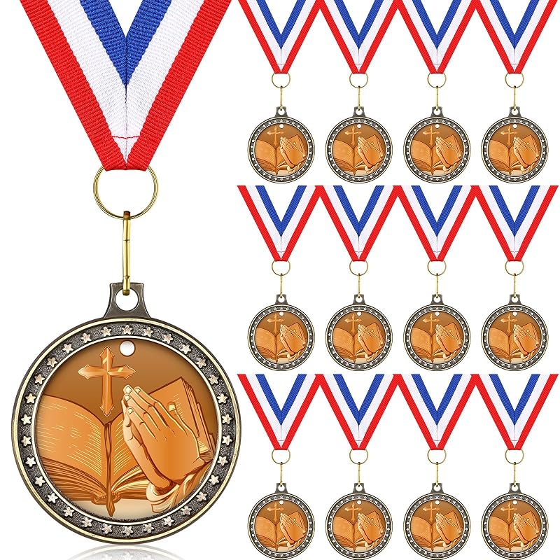 Religious Medal Set with Neck Ribbons 12pc Gold Cross Medals for Awards