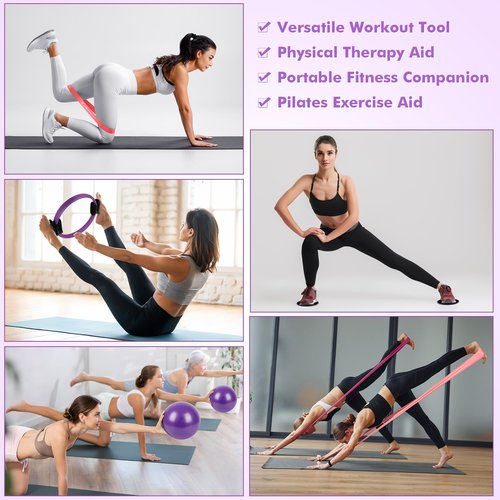 Goocrun Pilates Ring Set Exercise Equipment with Exercise Bands Resistance Bands Set, Pilates Ball, Sliding Disks – Workout Equipment Home Gym Includes Complete Fitness Poster (Purple)