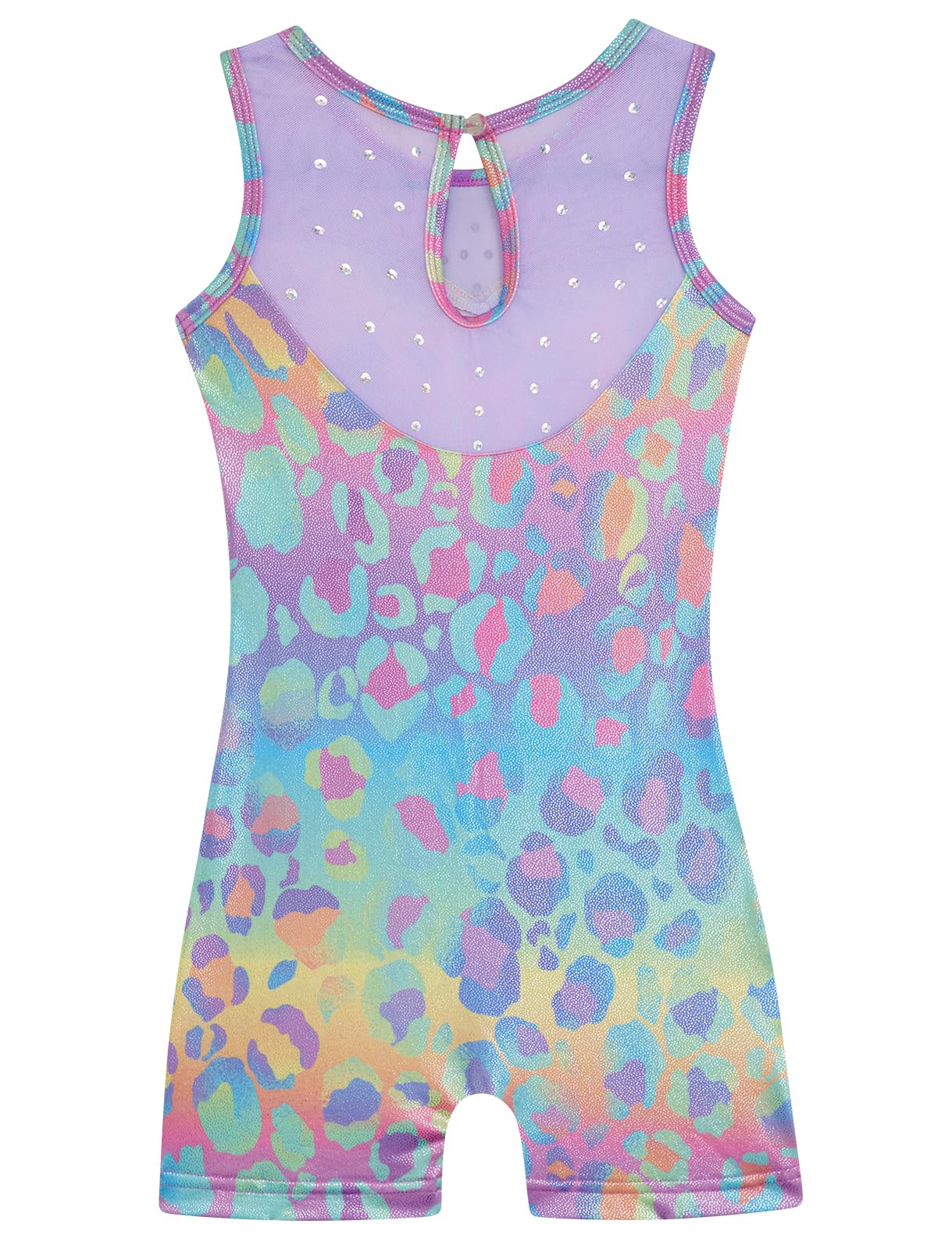 HOZIY Gymnastics Leotards for Girls 2t 3t Mesh Neckline with Iridescent Rhinestones Back Cut Out Sleeveless Colorful Leopard Biketard Shorts Tumbling Outfits Toddler Kids Sparkly Shiny