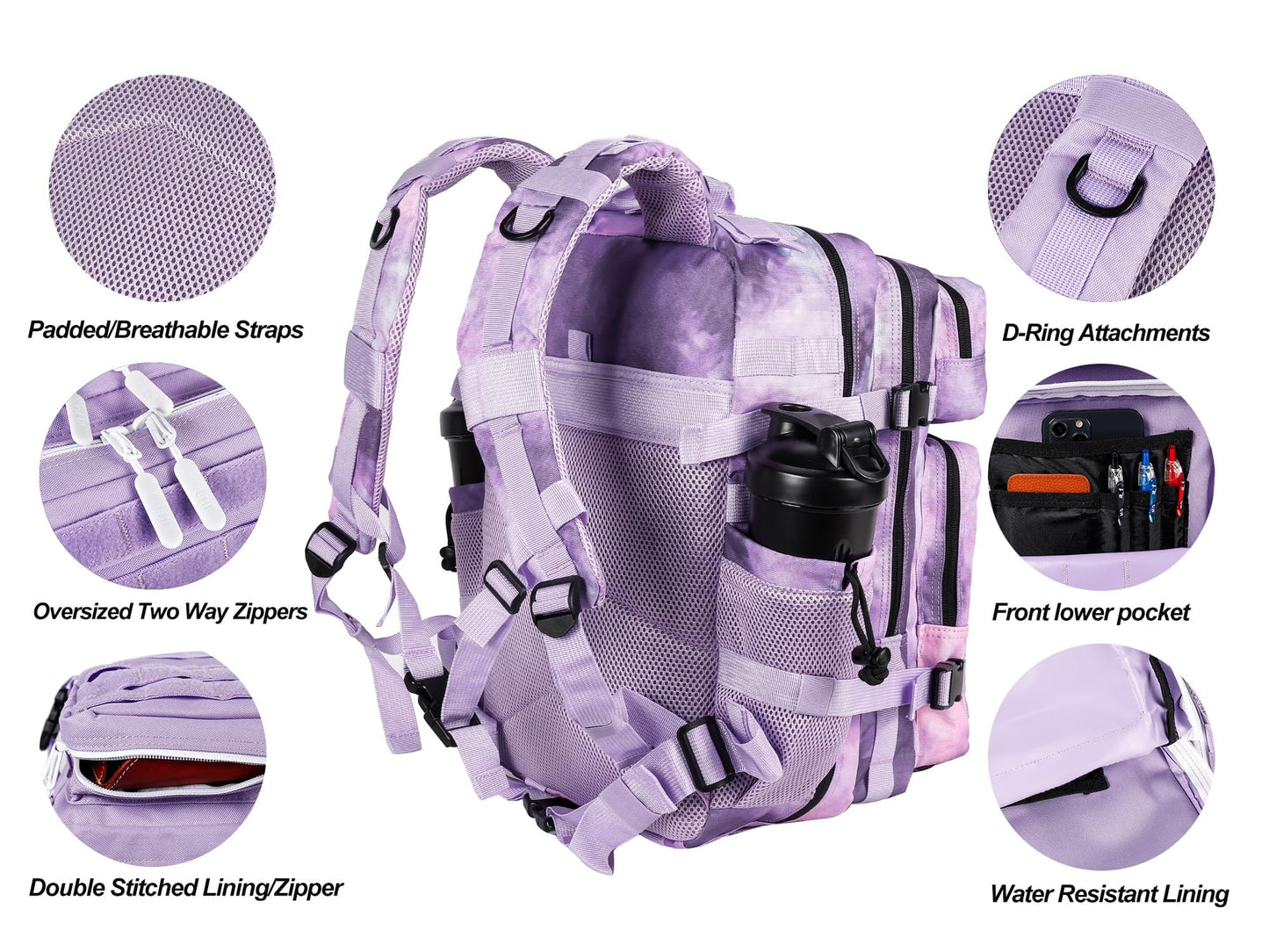 LHI Tactical Military Backpack for Men and Women 25L Army Assault Pack Bag Large Rucksack with Molle System-light purple
