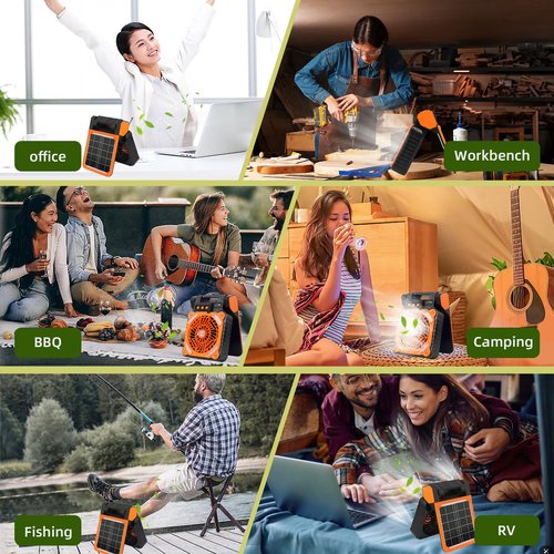 XGRTHREEH Camping Fan Rechargeable Battery Solar Fan for Outside Home with LED Lantern Solar Powered Fan Portable, Timer,4 Speeds, 90° Adjustable Solar Panel Fan 36H Run Time Max USB Charging Outdoor
