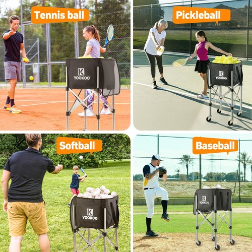 YooKoo Sturdy Tennis Ball Hopper Holds 200 Balls, Lightweight Tennis Ball Basket with 2 Lockable Wheels, Easy to Use Without Installation for Tennis Training and Teaching