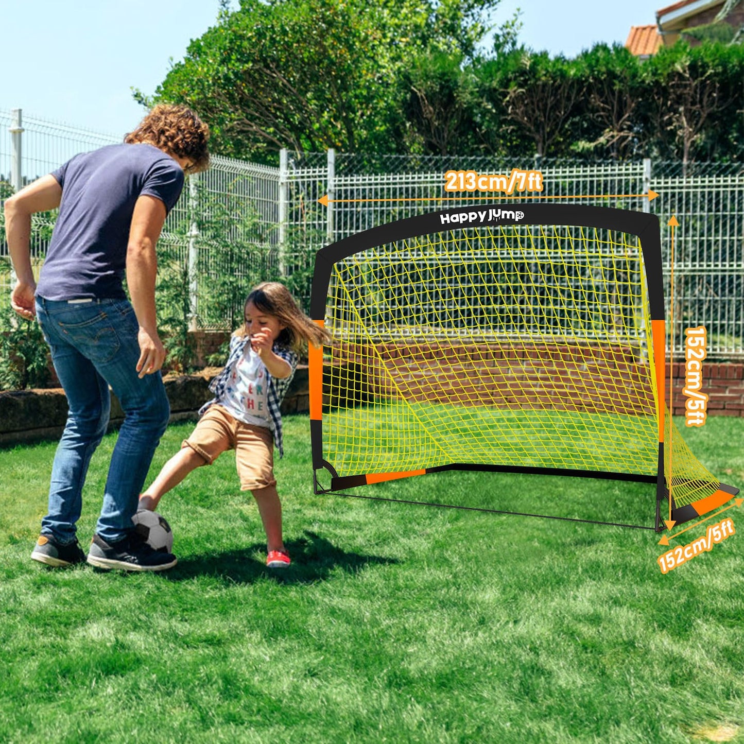 Happy Jump 7x5' & 5x3.6' Portable Soccer Goals for Kids Ages 6-14, Weatherproof Net and Steel Frame for Backyard Fun and Outdoor Training, Quick Setup and Sturdy for All Weather Conditions