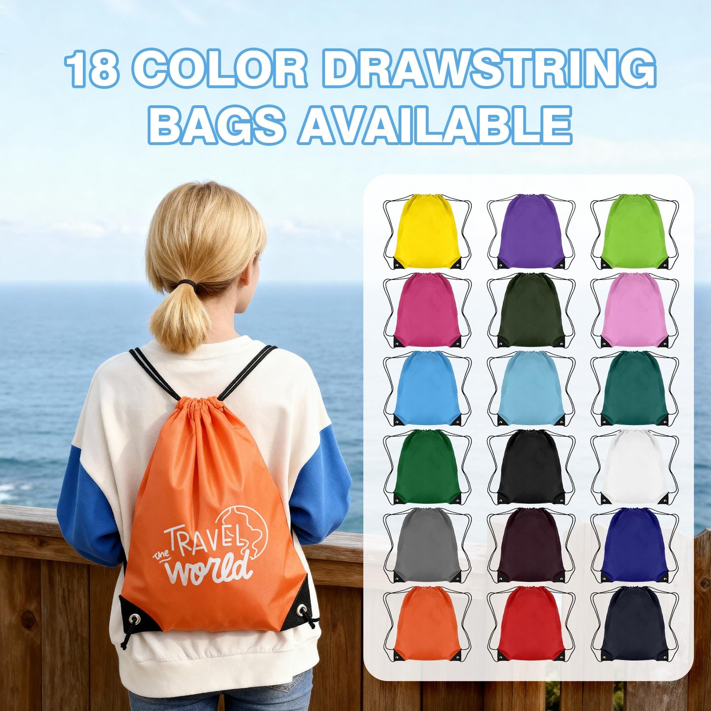 AT1nTen Custom Drawstring Bags 100/200 Pcs Personalized Bulk with Logo Text, Customizable Drawstring Backpack Draw String Back Bag for Gift Gym, Sports, Travel, Events Activities, Promotional Items