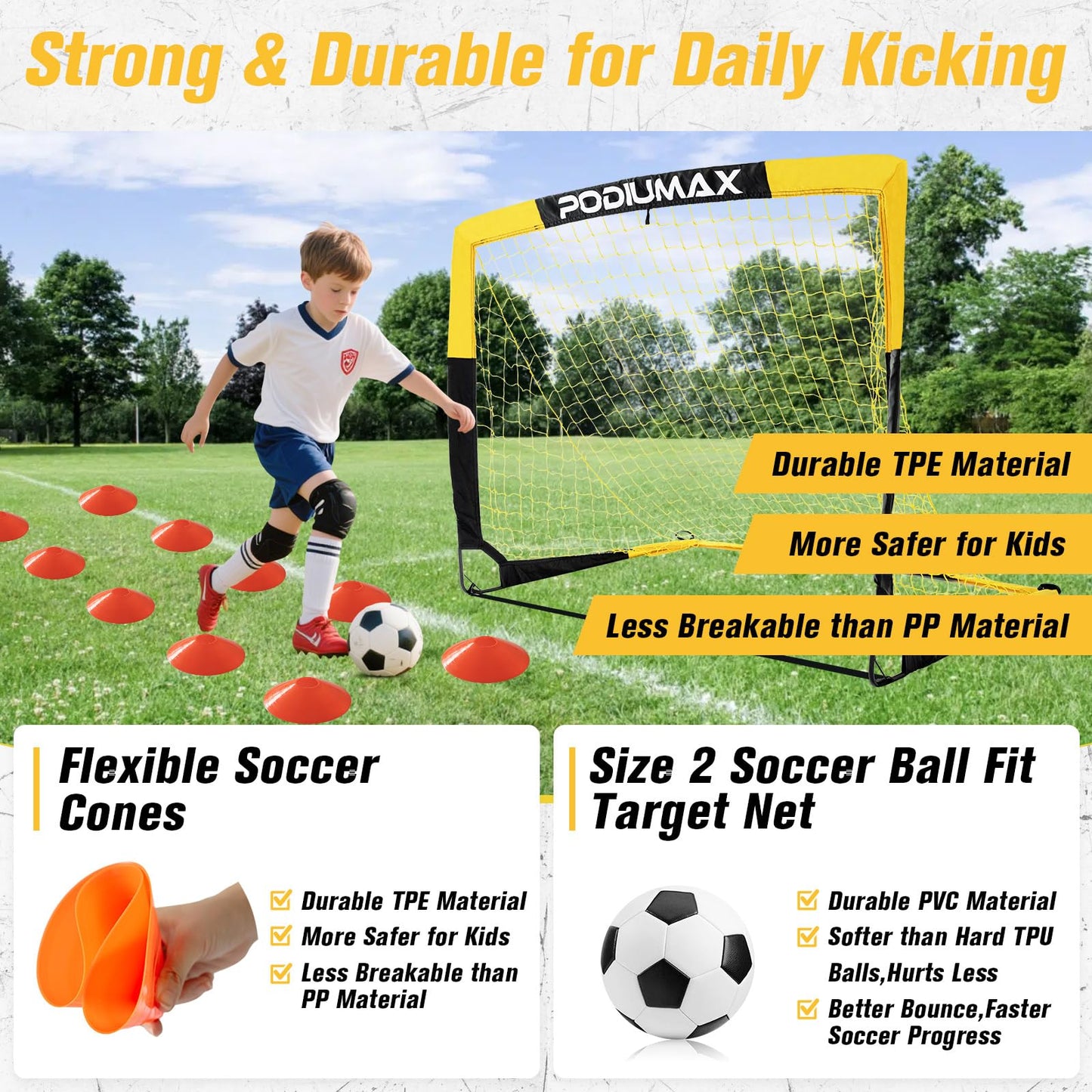 PodiuMax Kids Soccer Goal Set of 2, 4x3ft Pop up Portable Soccer Goals for Backyard, Soccer Net for Kids Age 3 4 5 6 7 8, Toddler Soccer Goal Gift with 1 Ball, 1 Target Net, 10 Cones, 2 Targets