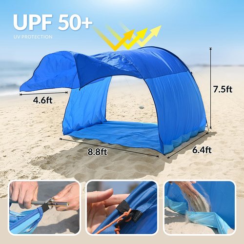 OUTELY Beach Tent Sun Shelter with UPF50+ Protection, Patented Wind-Supported Design, One-Person Setup, 7.5ft Tall, Portable Beach Shade Canopy for 3-6 People