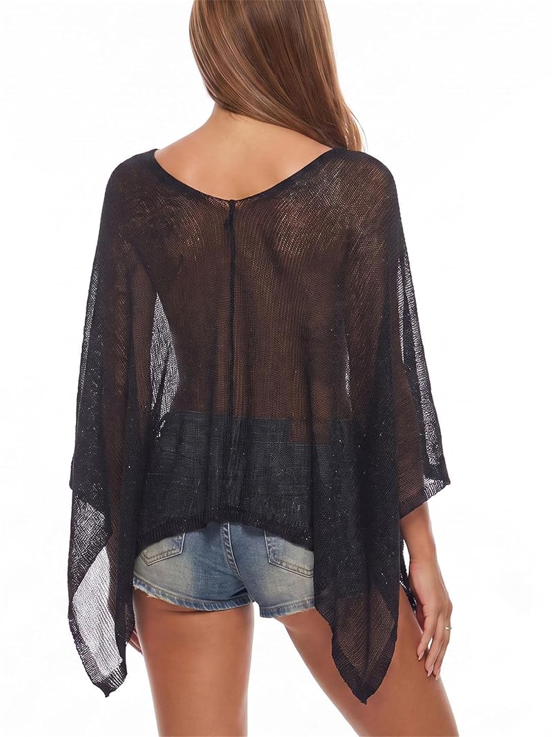 Raruxxin Women Sheer Poncho Top - Off-Shoulder Y2K Crochet Knit Shawl (Black, One Size)