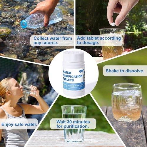 Water Tablets Purification for Drinking (100 Count) - Water Filtration System Survival for Camping, Boating, Hiking, Backpacking, Emergencies - Portable Water Treatment for Safe Drinking Anywhere