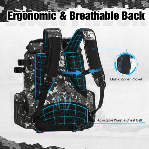 Piscifun Fishing Tackle Backpack with Rod Holders & 4 Tackle Boxes, Outdoor Fishing Bag with Waterproof Rain Cover Camouflage