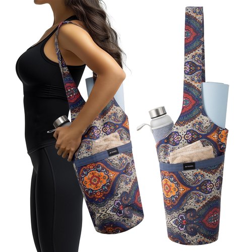 Navaris Yoga Mat Bag - Boho Shoulder Carry Bag with Three Pockets - Storage for Pilates Mats - Lightweight, Durable and Foldable Bag - Perfect for Gym, Shopping and More