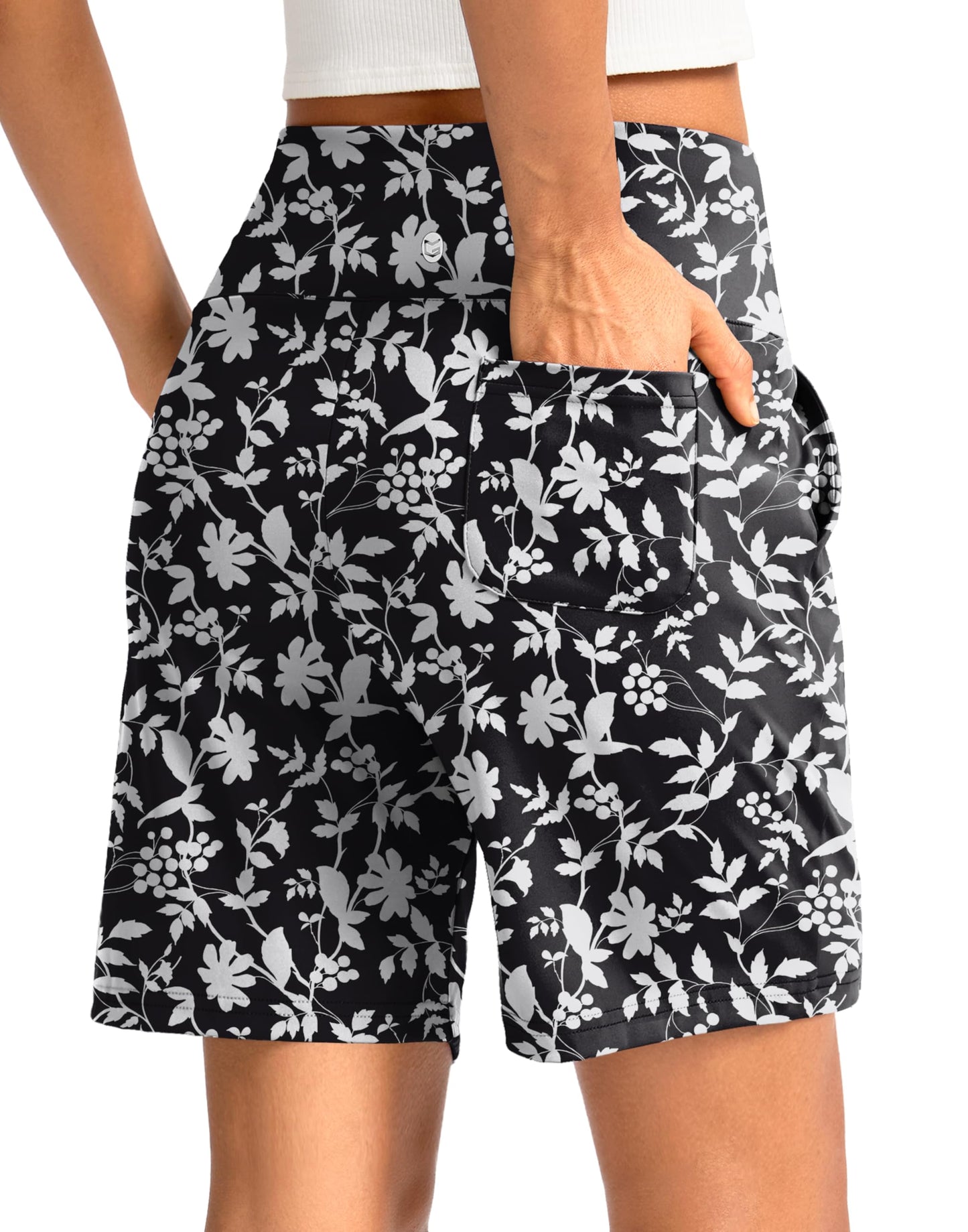 G Gradual Women's Bermuda Long Shorts with Pockets 7" High Waisted Knee Length Shorts for Women Walking Athletic Workout(White Flower-L7,XL)