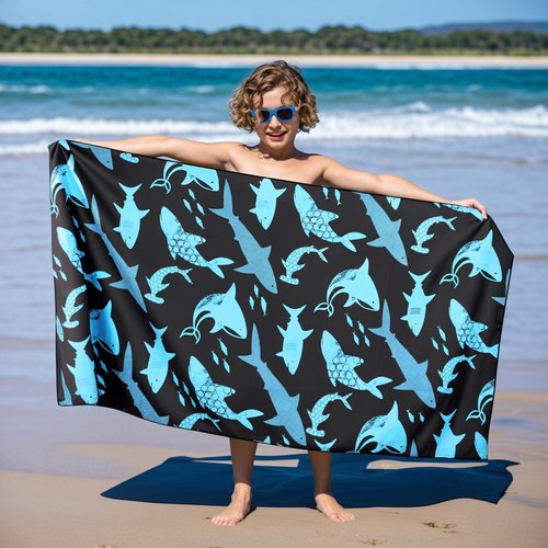 MelonBoat Large Microfiber Beach Towel: Large Bright Cyan Shark Beach Towel for Travel, Super Absorbent Quick Dry Sand Free, Lightweight Compact for Kids Trip Vacation Bath Camping Pool Swim, 1 Pack