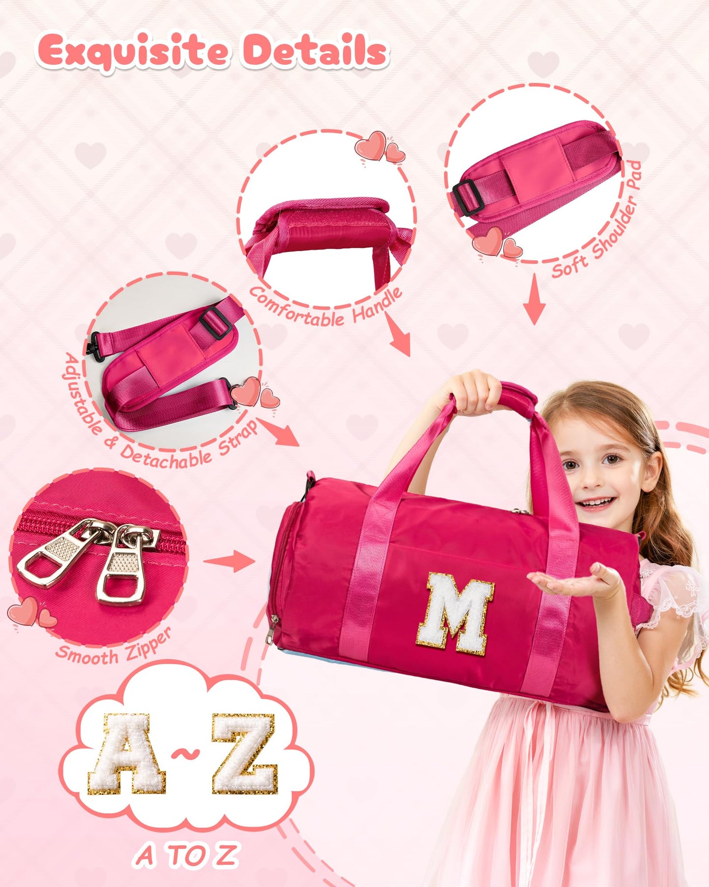 Vogewood Cheer Gifts, Girls Travel Duffle Bag with Makeup Pouch, Initial Kids Overnight Weekend Bag with Shoe Compartment, Personalized Birthday Gift for Daughter (Letter E)