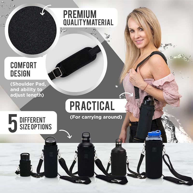 Neoprene Water Bottle Carrier with Adjustable Shoulder Strap - 64oz XL (Blue) for Insulating & Carrying Canteen