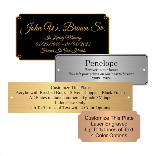 Engraved Plaque, Personalized Plate, Acrylic with Brushed Brass - Silver - Copper - Black Finish, Trophy Plates Engraved, Custom Plate with Adhesive Backing - 2"x4", 2"x6", 2"x8", 3"x6"