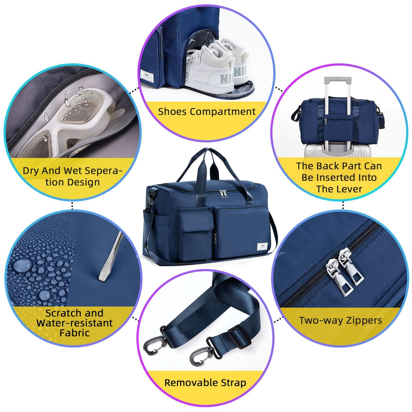 FIORETTO Women's Gym Duffle Bag with Shoes Compartment, 30L Capacity, Ideal for Travel, Gym, Sports, Duffel, Weekender, with Toiletry Bag, Navy Blue