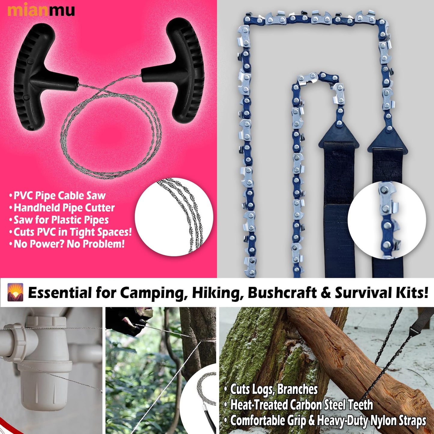 2 In 1 Pocket Chainsaw & Wire Saw Kit – 36 Inch Hand Chain Tool with Saw File for Tree Cutting, PVC Pipe, Camping, Hiking, Bushcraft & Emergency Survival Gear